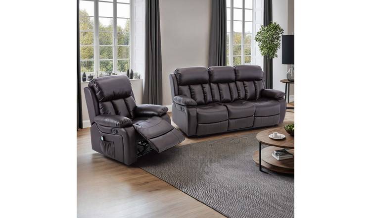 Furniture Online Chester Manual Recliner Leather 1+3 Seater Sofa Set - Brown