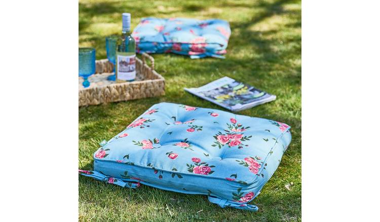 Dibor Set of 4 Floral Box Outdoor Garden Chair Cushion Seat Pads - Blue
