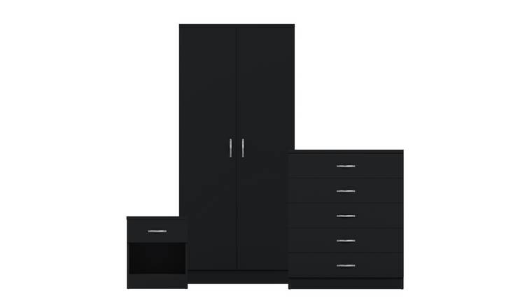 Vida Designs Riano Bedroom Set (Bedside, 5 Drawer Chest, 2 Door Wardrobe)- Black