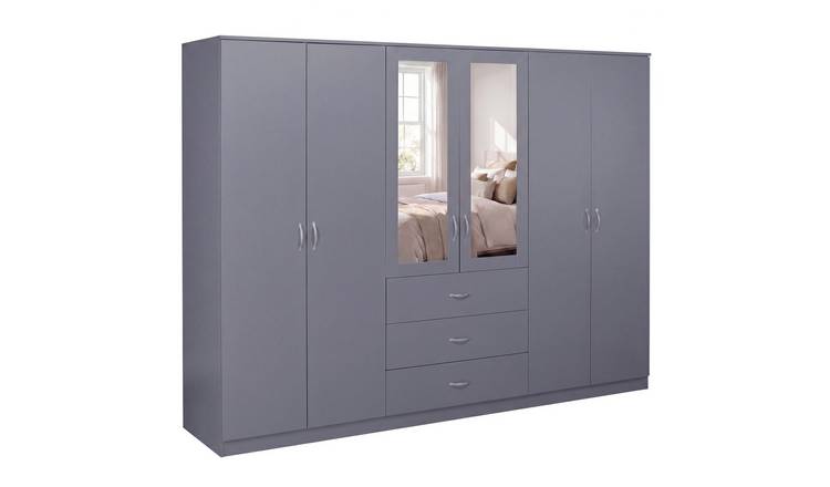 Vida Designs Riano 6 Door 3 Drawer Mirrored Wardrobe - Grey