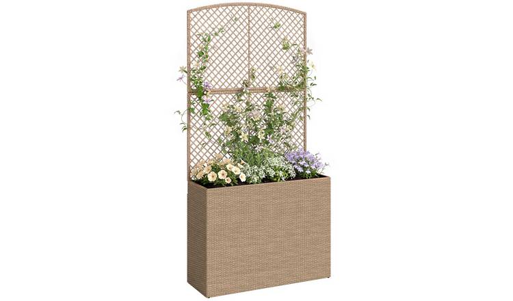 Outsunny Rattan Freestanding Garden Planters with Trellis - Light Grey