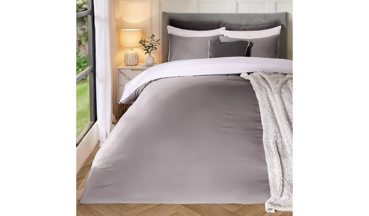 OHS Plain Dyed Reversible Duvet Cover Set White/Grey - Single
