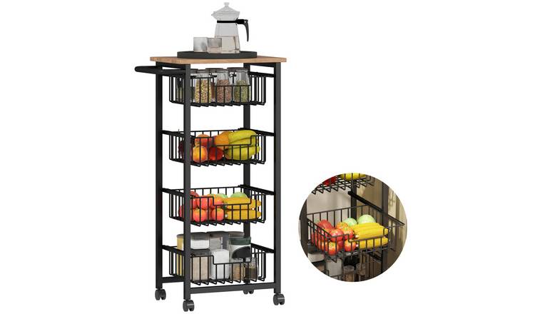 HOMCOM 4 Tier Kitchen Island on Wheels with Pull Out Mesh Baskets - Oak