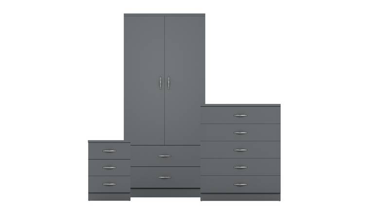 Vida Designs Riano Bedroom Set (Bedside, 5 Drawer Chest, 2x2 Wardrobe) - Grey
