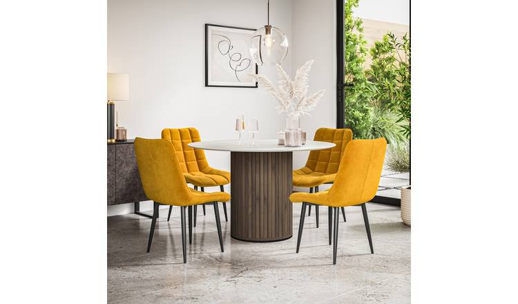 Furniture Online Arlo Nova Walnut Top w Wal Legs Dining Table & 4 Mustard Chairs