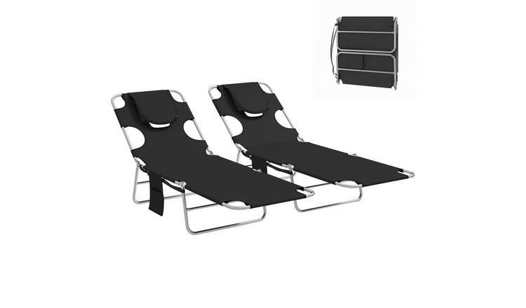 Outsunny Set of 2 Foldable Garden Sun Lounger with Reading Hole - Black