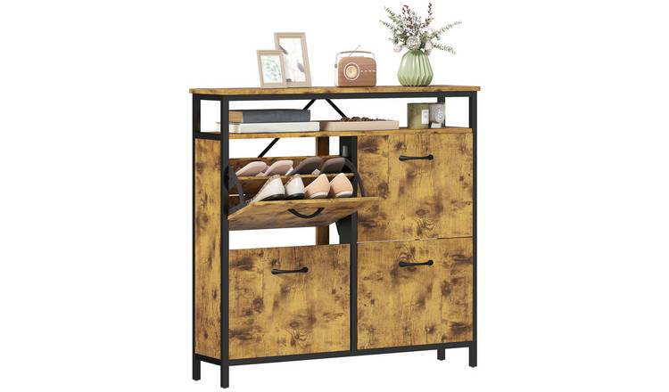 HOMCOM Industrial Adjustable Shoe Cabinet with 4 Flip Drawers - Rustic Brown