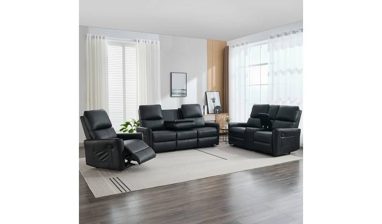 Furniture Online Madrid Manual Recliner Leather 1+2+3 Seater Sofa Set - Black