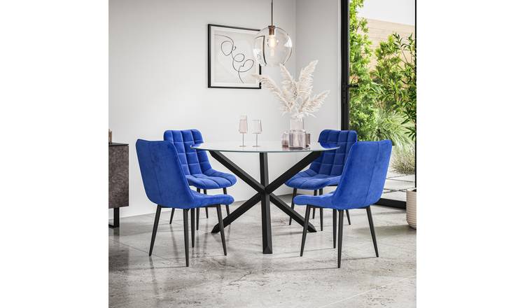 Furniture Online Malvern Nova Glass Top Dining Table & 4 Blue Chairs