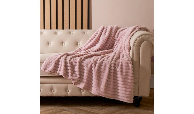OHS Faux Fur Thick Rib Blanket Throw 125 x 150cm - Blush