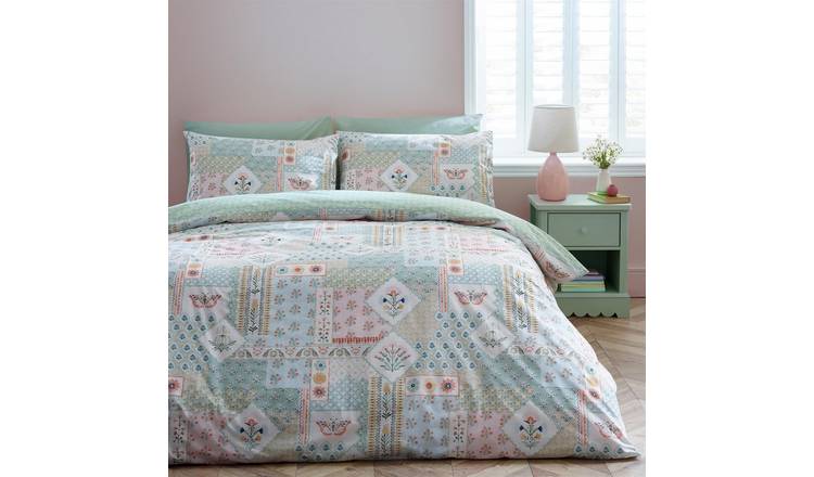 Catherine Lansfield Folk Patchwork Duvet Cover Set - Single - Green