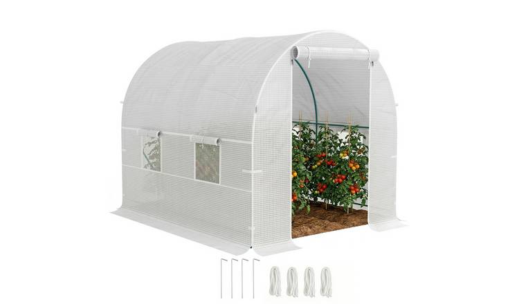 Outsunny Steel Polytunnel Greenhouse with Roll Up Door - White