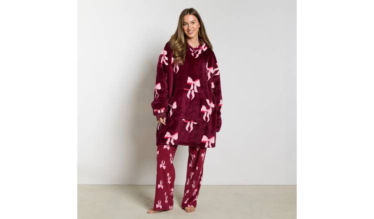 OHS Bow Print Hoodie Blanket - One Size - Burgundy