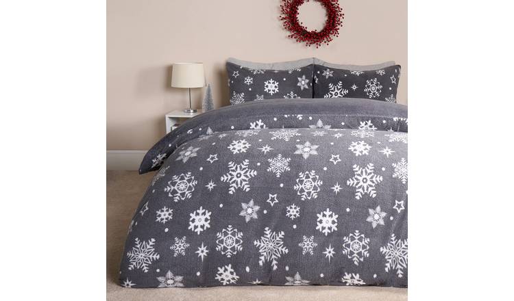 OHS Snowflake Xmas Teddy Fleece Duvet Cover Set Grey - Double