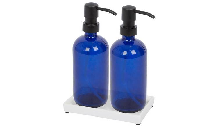 Harbour Housewares 2pc Glass Soap Dispenser Set with Ceramic Tray  - Blue