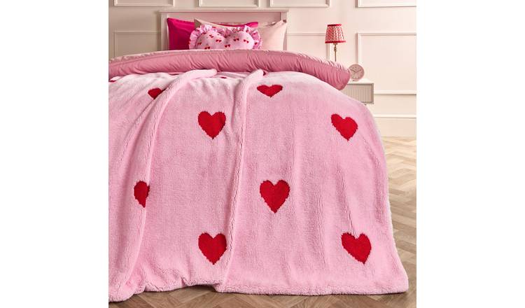 OHS Tufted Heart Fleece Blanket Throw 130 x 160cm - Pink/Red
