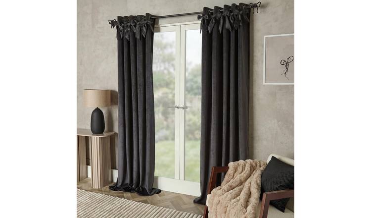 OHS Bow Décor Velvet Eyelet Curtains - 168 x 183cm - Grey