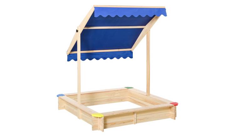 Outsunny Wooden Sand Pit Kids Sandbox with Adjustable Canopy - Natural Blue