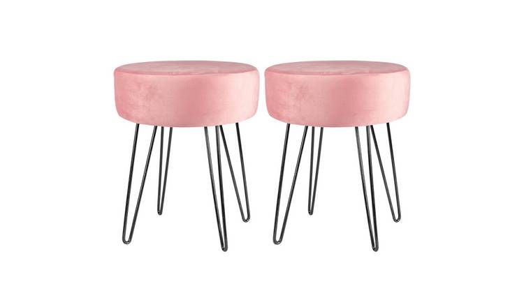 Harbour Housewares Round Velvet Footstool with Black Legs Pack of 2 - Pink