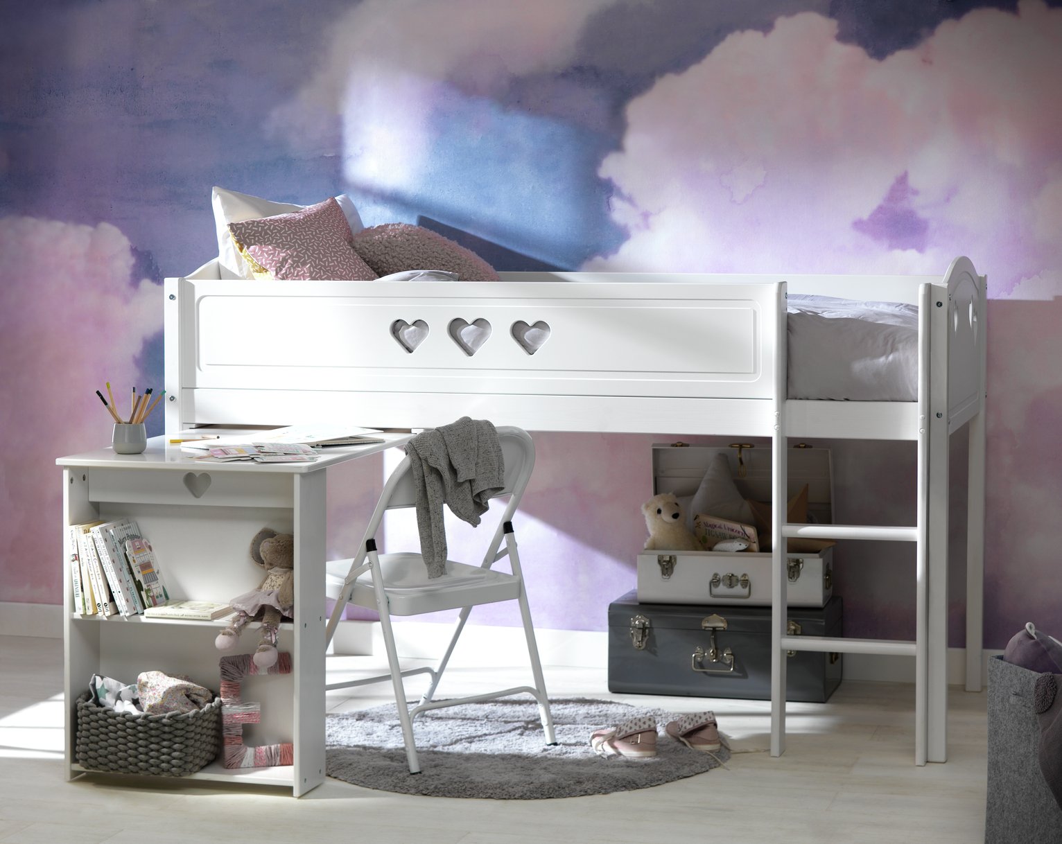 white mid sleeper bed with desk