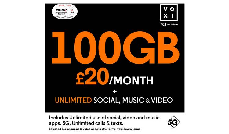VOXI 100GB 30 Day Pay As You Go SIM Card – 1st included