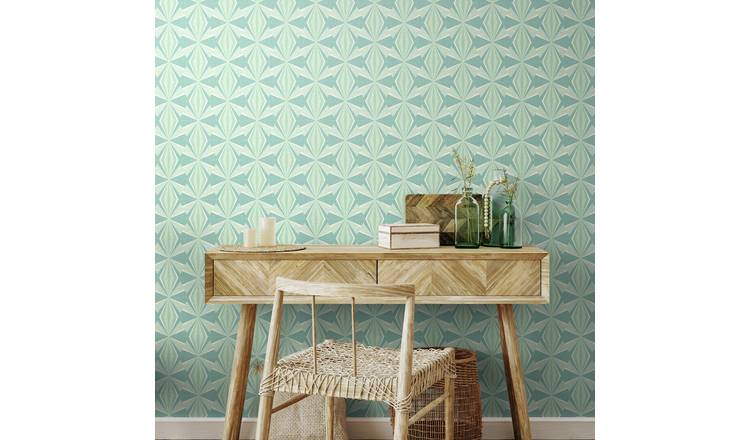 Hoopla Walls Sunray Diamond Teal Blue Wallpaper