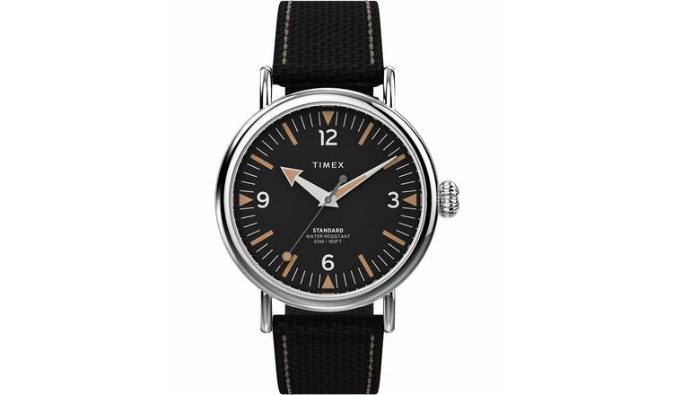 Timex Standard Black Dial Black Fabric Leather Strap Watch