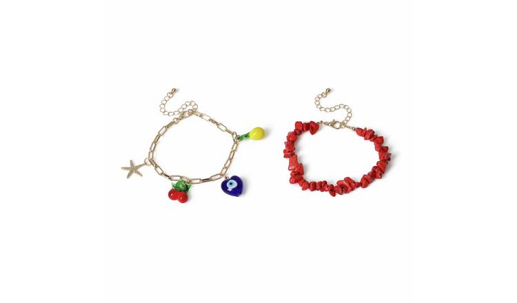 Freedom Gold Tone and Red Bead Charm Bracelet Set
