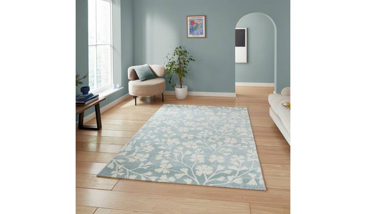 Catherine Lansfield Floral Blue Short Pile Rug - 80x150cm