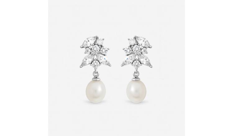 Jon Richard Rhodium Plated Crystal Freshwater Pearl Earrings