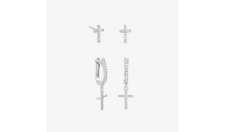 Inicio Silver Plated Cross Studs & Hoops Earrings- Pack of 2