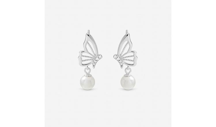Inicio Silver Plated Butterfly Pearl Drop Earrings