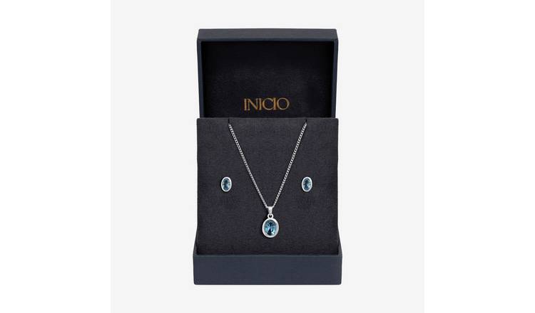 Inicio Sterling Silver Blue Topaz Oval Bezel Gift Set
