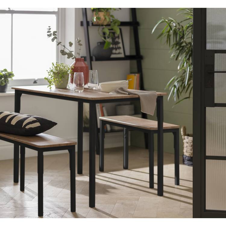 Argos Home Bolitzo Oak Dining Table & 2 Black Benches 0