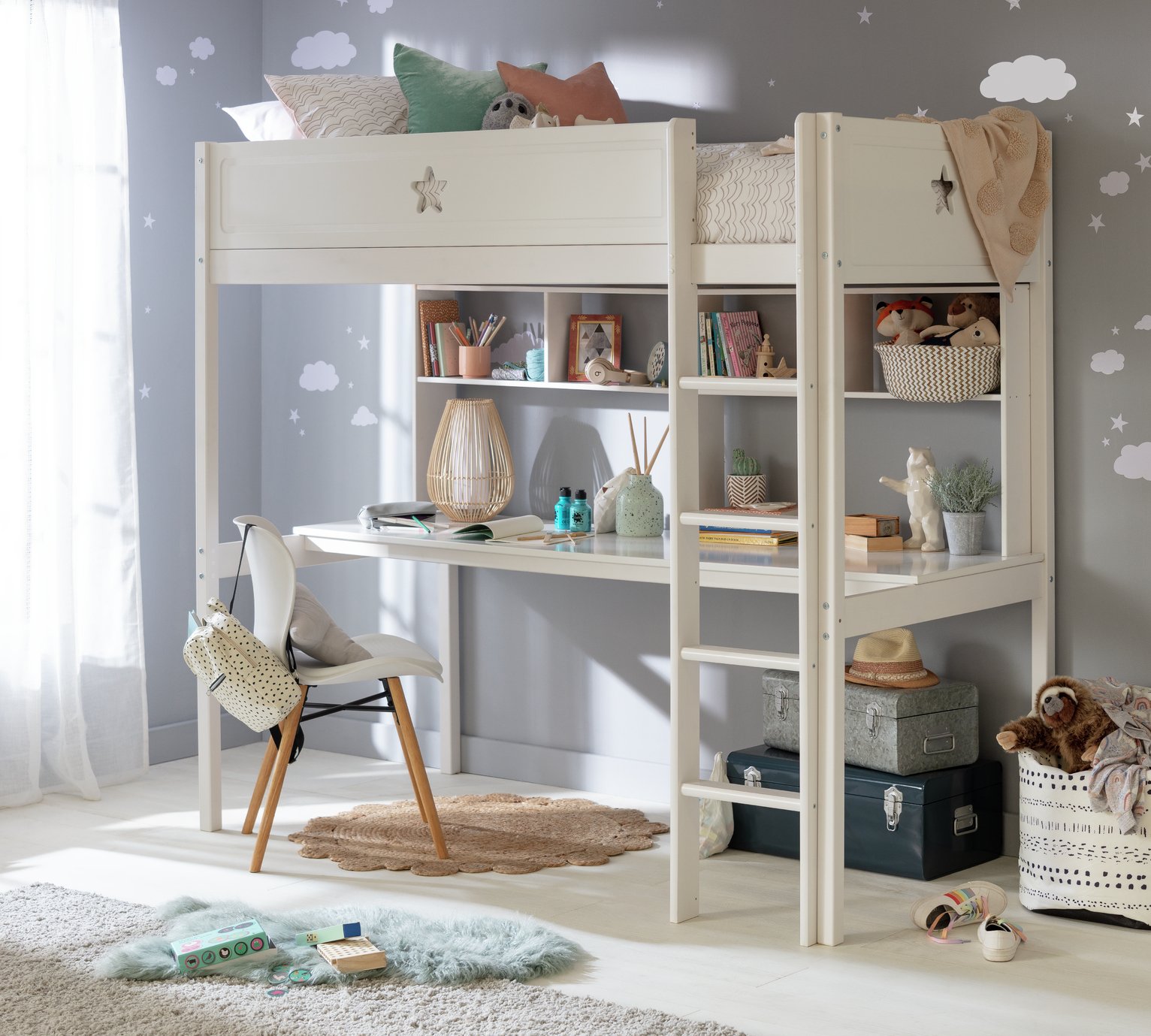 Argos Home Kids Stars High Sleeper Bed,Desk & Shelves- White