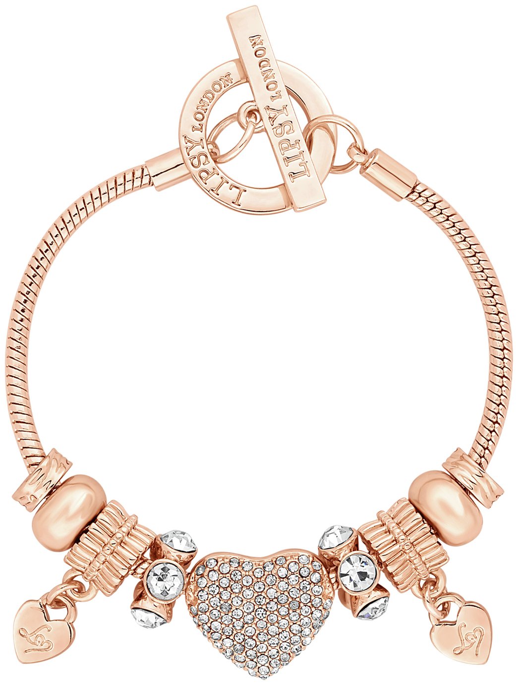 Lipsy Gold Colour Crystal Pave Heart Charm T-Bar Bracelet