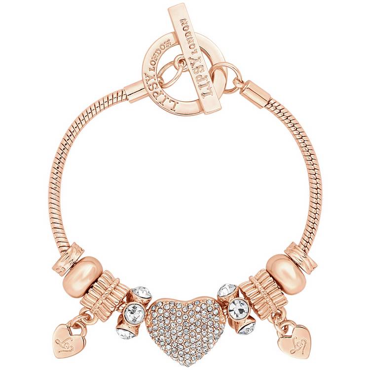 Lipsy Gold Colour Crystal Pave Heart Charm T-Bar Bracelet 0