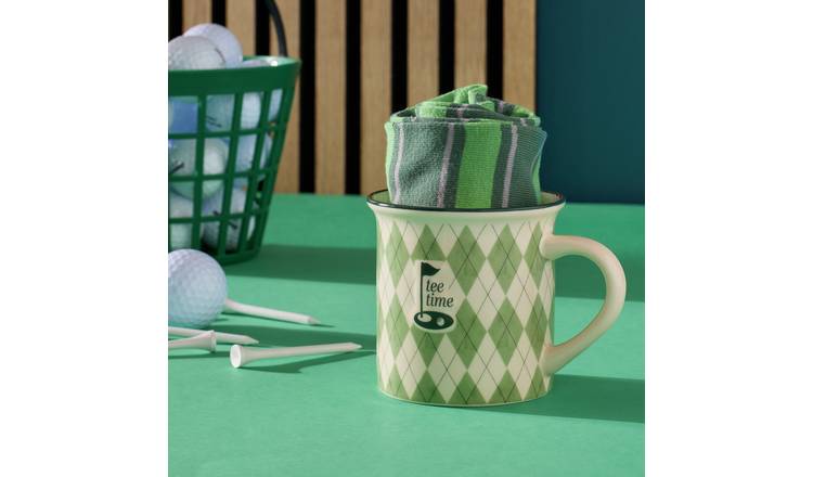 Argos Home Green Argyle Pattern Tee Time Stoneware Mug and Pair of Socks Set