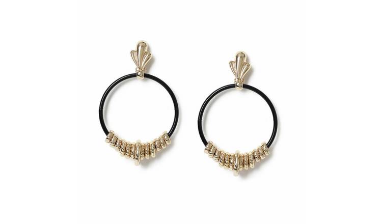 Freedom Gold Bead Black Hoop Drop Earrings
