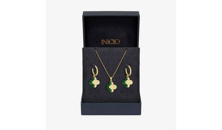 Inicio Gold Plated Malachite Clover Pendant & Earrings Set