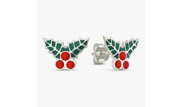 Revere Sterling Silver Enamel Holly Leaf Stud Earrings