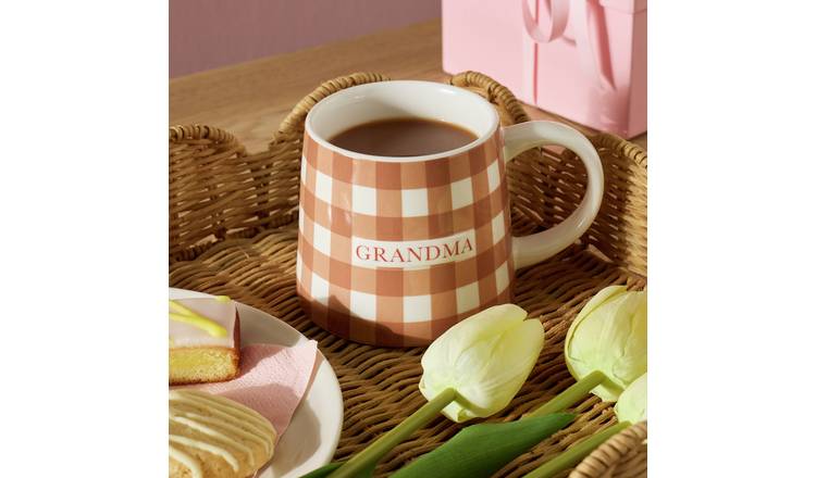 Argos Home Brown Gingham Pattern Grandma Stoneware Mug - 280ml