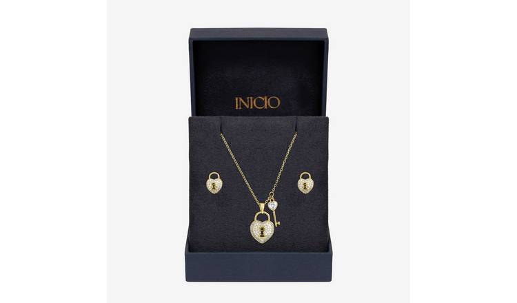 Inicio Gold Plated Padlock Heart Pendant & Earrings Gift Set