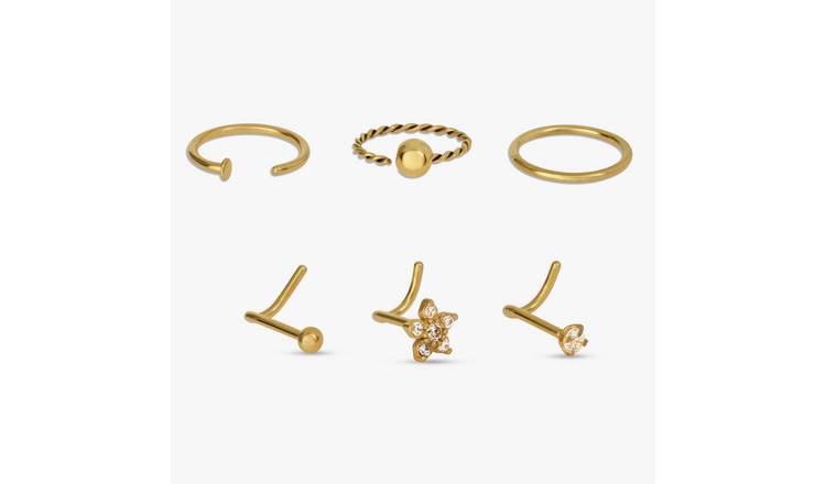 Revere Gold Coloured Steel Nose Studs and Hoops - Set of 6