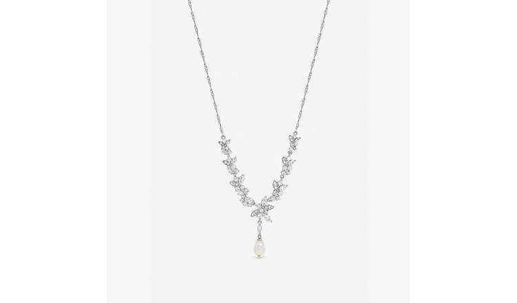 Jon Richard Rhodium Plated Crystal Pearl Y Drop Necklace