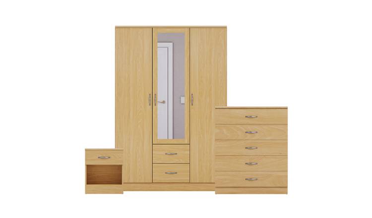 Vida Designs Riano Bedroom Set (Bedside, 5 Drawer Chest, Mirror Wardrobe) - Pine