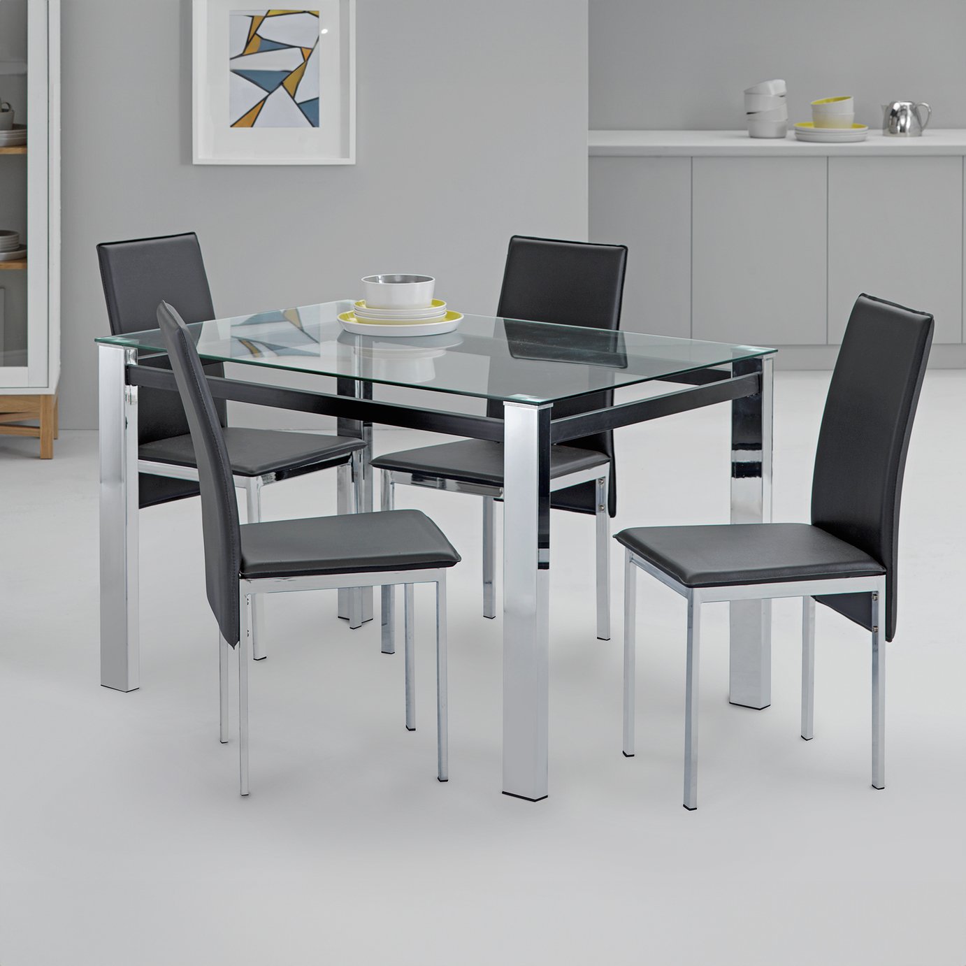 Argos Home Fitz Clear Glass Dining Table & 4 Black Chairs