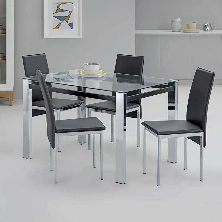 Argos Home Fitz Silver Glass Dining Table & 4 Black Chairs 0