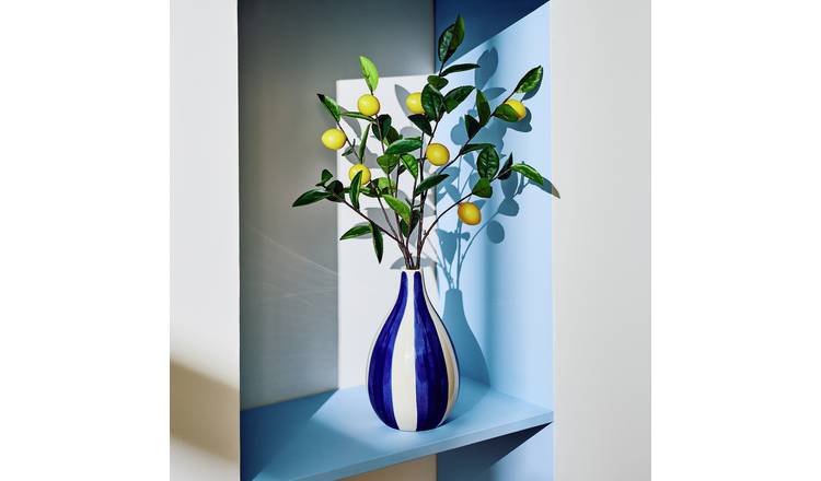 Bayswood Artificial Lemons in Blue Stripe Ceramic Vase - 16cm