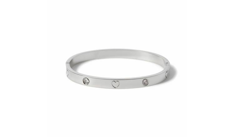 Freedom Silver Stainless Steel Heart and Stone Bangle